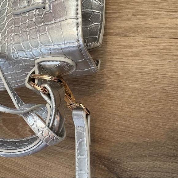 Silver Croc-Embossed Top Handle Novelty Bag with Cartoon Eyes and Gold Hardware - Picture 6 of 6